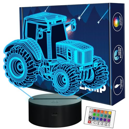 FULLOSUN Traktor 3D Illusionslampe Geburtstagsgeschenk Nachtlicht Kinder Nachttischlampe, 16 Farben Auto Changing Touch Switch Schreibtisch Dekoration Lampen for Junge Männer