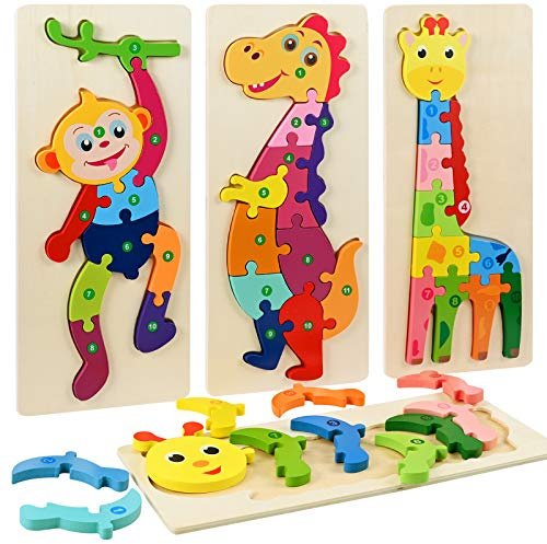 Faburo 4 Stück Holz-Tier- und Zahlen-Puzzle, Puzzle, Montessori Lernspielzeug für Kinder 2-5 Jahre (groß 30 x 12 cm)