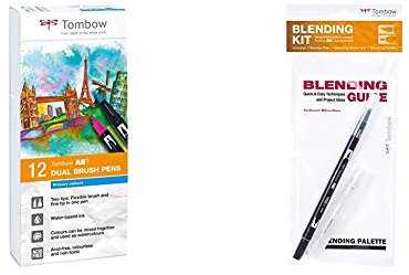 Tombow ABT-12P-1 Fasermaler Dual Brush Pen mit zwei Spitzen 12er Set, primärfarben & BLENDING-KIT, 4 in 1 Set zum Vermischen von wasserbasierten, Fasermalern
