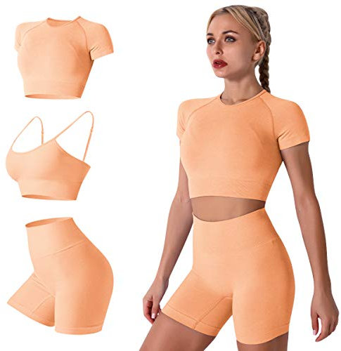 IMEKIS Damen 3 tlg Fitness Set Sport-BH mit Crop-Top und Shorts Nahtlose Yoga Kleidung Fitness Workout Outfit Frauen Slim Fit Sommer Biker Activewear Laufanzug Orange S