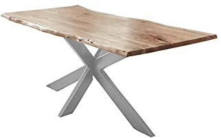 SAM Esstisch 160x85cm Salerno, Akazienholz naturfarben + massiv + lackiert, echte Baumkante, Baumkantentisch, Spider-Metallgestell Silber, Esszimmertisch, Tischplatte 35mm