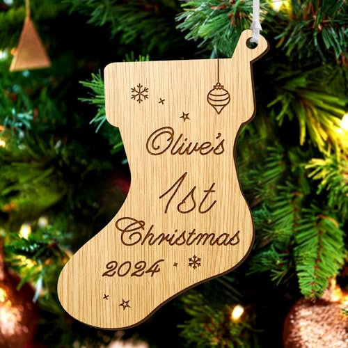 Baby First Christmas Bauble 2024 Personalised Engraved Wood Tree Decorations Babies 1st Custom Xmas Ornaments Gift for Newborn Family Home Grandson Granddaughter with Any Name (Sock)
