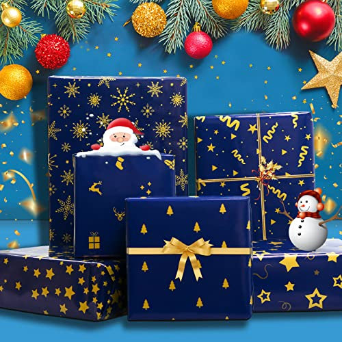Geschenkpapier Weihnachten Edel Set, Weihnachtspapier Geschenkpapier Rollen, Recycelbares Geschenkpapier Blau, Geschenk Verpackung Papier mit Geschenkband, Weihnachts Geschenkpapier Kinder 8 Blatt