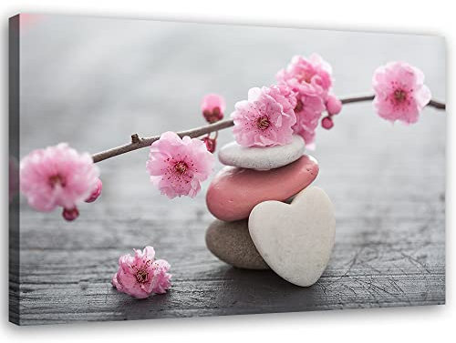 Feeby Impression sur Toile Intissee Spa Pierres Rustique Zen 60x40 cm Tableau Moderne Tableau Photo Chambre à Coucher Oriental Fleurs Welness Bougies rose