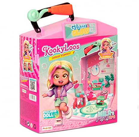 KOOKYLOOS Mila’s Pop Up Spa con más de 15 accesorios de belleza y muñeca exclusiva con 3 expresiones divertidas - Incluye ropa y calzado, tocador con espejo