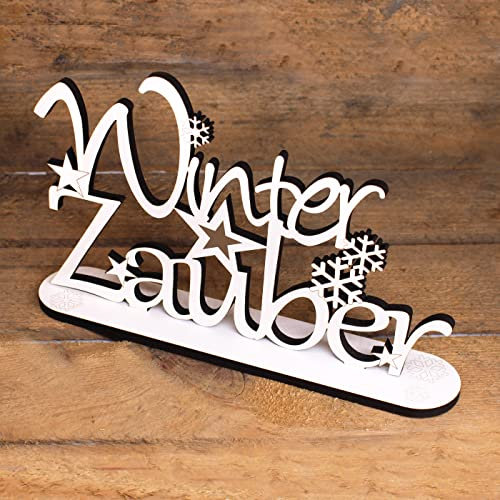 DEKO-LANDO Winter Deko Schriftzug - Winterzauber - Aufsteller aus Holz weiß mit Schneeflocken & Sternen Weihnachtsdeko 21 x 13 cm