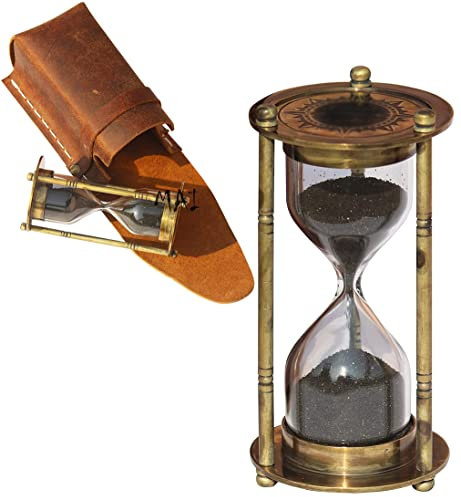 Dekorative Sanduhr aus Messing, 1 Minute, dekorativ, nautisch, Vintage-Stil, antiker Stil, Sicherheits-Lederhülle, Weihnachtsdekoration, kleine Messinguhr, Zuhause, Küche