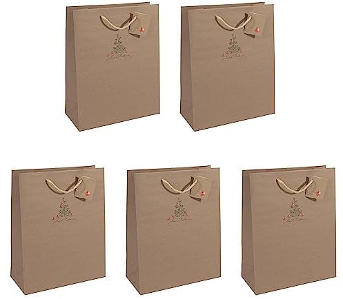Sigel GT040/5 große Geschenktüten aus Kraftpapier, 5er Set, 33 x 26 cm, braun, Christmas with apples, Papier-Geschenktaschen Weihnachten