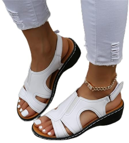 Sandales de Sport Compensées pour Femme Chaussures Plates À Plateforme Confortable D'été Sandales À Bride À La Cheville en Cuir Chaussures de Marche,Blanc,US7/EU38