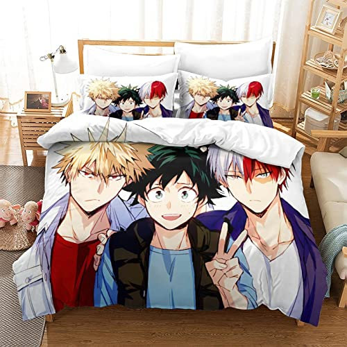 My Hero Academia Bettwäsche-Set 3D Cartoon Print Bettbezüge Musterdesign Mit Reißverschluss, Dreiteiliger Bettbezug Set Microfaser Geeignet Für Erwachsene Und Kinder Single(135x200cm)