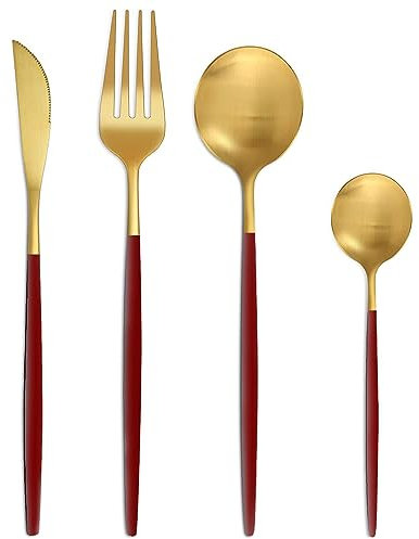Bestdin Set de couverts 6 personnes, 24 pieces de couverts rouge or mat, Set de couverts de table avec couteau fourchette cuillère, couverts en acier inoxydable, lavable au lave-vaisselle