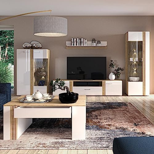 Lomadox Wohnwand Anbauwand Fernsehwand TV Wand in Eiche Nb. modern mit Fronten in Hochglanz weiß 5-teilig, Vitrinenschrank TV-Lowboard, Highboard, Wandregal und Couchtisch, inkl. LED Beleuchtung