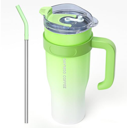DAYMOO Mug isotherme avec paille et Poignée, Gobelet avec Paille et Couvercle, Tasse Thermos en Acier Inoxydable, Thermos Café Mug avec Couvercle, asse de Voyage Chaud ou Froid - 1.2 L, Vert Blanc