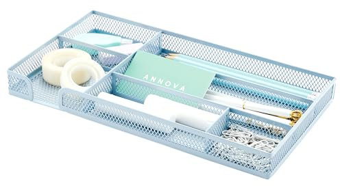 Annova Desk Drawer Organizer Tray for Office Organization - Metal Mesh - Storage Tray with Dividers for Pens, Desktop Accessories, Bathroom, Kitchen, Makeup and Office Supplies (Blue23)