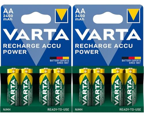VARTA Batterien AA, wiederaufladbar, 4 Stück, Recharge Accu Power, Akku, 2400 mAh NI-MH, ohne Memory Effekt, vorgeladen, sofort einsatzbereit (Packung mit 2)