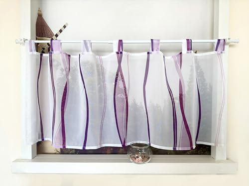 Devola Scheibengardine mit Wellenmuster Gardine Druck Kurzstore mit Schlaufen Küchengardine Kurz Modern Voile Bistrogardine Transparent HxB 45x90cm Violett 1 Stück