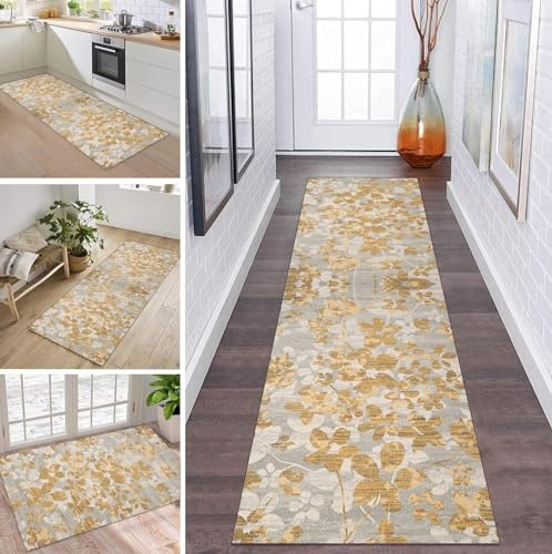 ZDYHMrj Teppich Läufer Lang Flur Küche rutschfest Waschbar Küchenläufer 50X150CM Gold und Grau Vintage Teppichmatten Polyester Korridor Teppichläufer Flur Wohnzimmer Schlafzimmer Schmutzfangmatte