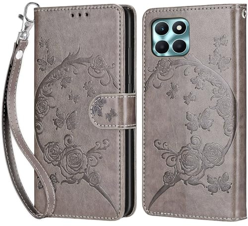 KENHONER Handyhülle für Honor X6B/X6A Hülle, Grau Blumen | PU Leder Flip, Klappbar, Stoßfest, Magnetisch, Standfunktion, Kartenfächer, Retro Design, Handgelenkband