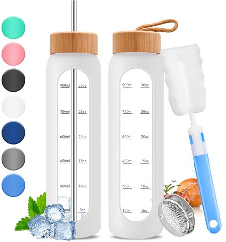 32oz Glass Water Bottle with Time Marker - 1000ml Large Motivational Water Bottle with 2 Bamboo Lids, Sealed & Straw Hole, 1L Bottle for Fitness with Stainless Steel Straw & Silicone Case (White)