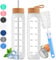 32oz Glass Water Bottle with Time Marker - 1000ml Large Motivational Water Bottle with 2 Bamboo Lids, Sealed & Straw Hole, 1L Bottle for Fitness with Stainless Steel Straw & Silicone Case (White)