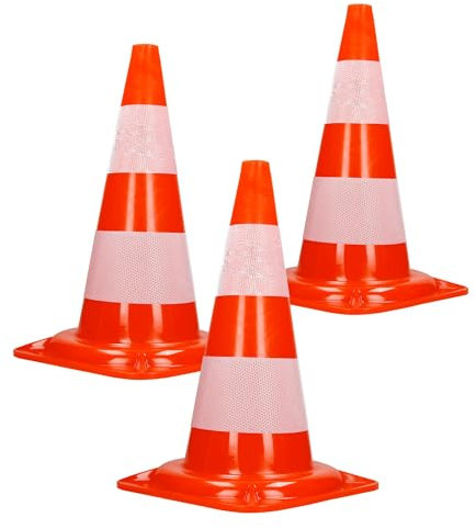 ECD Germany 3X Cônes Signalisation Pylône, 47cm, PVC Solide, Orange/Blanc, Triangle de Circulation, Marqueur Attention Sécurité, avec 2 Bandes Réfléchissantes, Pylone Cône Avertissement de Parking