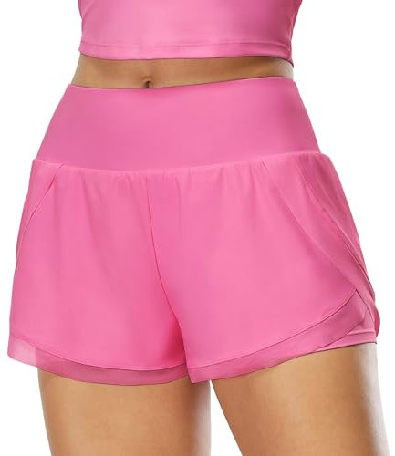 icyzone Short de sport 2 en 1 pour femme - Séchage rapide - Pour l'été - Pour le fitness et la course à pied, Rose, L