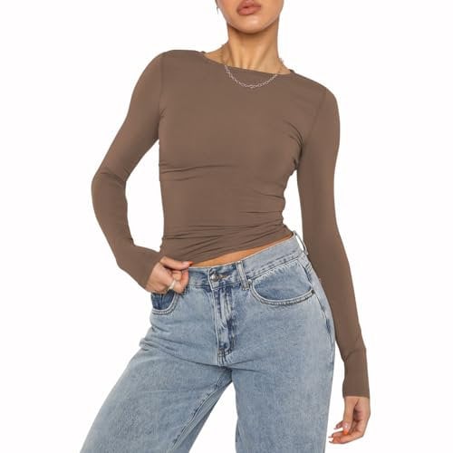 Women's Casual Crop Tops Slim Fit Top Crew Neck Long Sleeve Tight T-Shirt Basic Blouse Tee Tops(Brown-9,M)