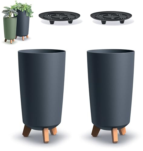 DIKEL 2X Runder Blumentopf Gracia Tubus auf Beinen - Pflanzkübel mit 3 Steckfüßen in Holzoptik | Übertöpfe für drinnen und draußen | Pflanzentopf stilvolle Dekoration für Haus und Garten | Anthrazit