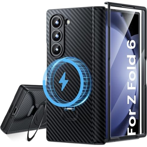 WSKEN Handyhülle für Samsung Galaxy Z Fold 6 Hülle mit Magnetischem Magsafe Holder,[Schutzfolie auf der Vorderseite] [militärischer Scharnierschutz] Stoßfeste Strukturdesign aus Kohlefaser
