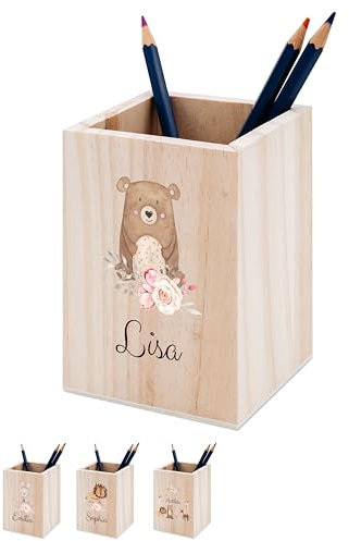 wunderwunsch® - Personalisierter Stiftehalter Kinder aus Holz - Kreativer und praktischer Schreibtisch-Organizer Kinder mit Namen - Perfektes Einschulung Geschenk und Geburtstag (Bär Blumen)
