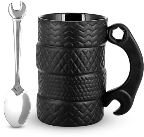 Reifentasse mit Löffel,Kreativer Tasse Lustig Kaffeetasse Groß 500ML Kaffeebecher Keramik 3D Tasse mit Reifenförmiger Kaffeetassen Schwarz für Büro,Autoliebhaber,Zuhause,Geschenk für Männer Mechaniker