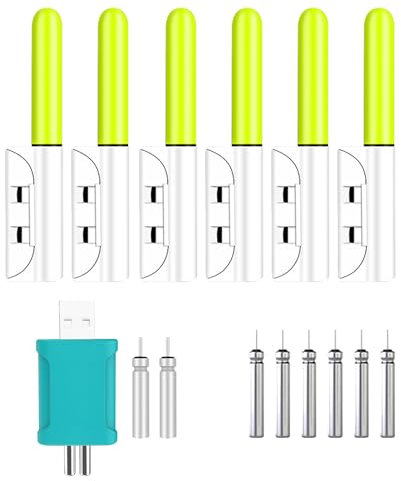 6 Stück Knicklichter Angeln, LED Bissanzeiger Angeln, Elektronischer Bissanzeiger Angeln, Wasserdicht Nachtlicht Bissanzeiger mit Ladegerät + 2 Aufladbare CR425 Batterie + 6 Einweg CR425 Batterie