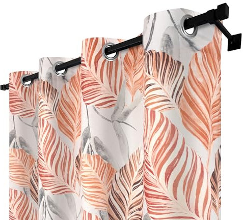 Voppi Ösenvorhang 140 x 260 cm Lange Dekovorhänge mit herbstlichen Blättern grau orange braun große Blätter auf hellem Hintergrund moderner Vorhang Blickdicht