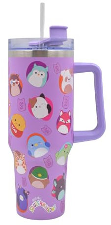 Squishmallows 40oz / 1200 ML Tumbler with Straw & Lid | Leak & Spill Proof Travel Mug | Stainless Steel Vacuum Insulated Water Bottle with Handle Keeps Cold for 17Hrs or Hot for 5Hrs