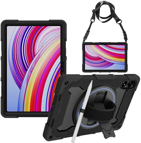 zenrich Coque Antichoc pour Xiaomi Redmi Pad Pro 12,1 Pouces 2024, Étui de Protection Armure Robuste avec Support Rotative, Dragonne et Bandoulière réglable et Porte-Stylet – Noir