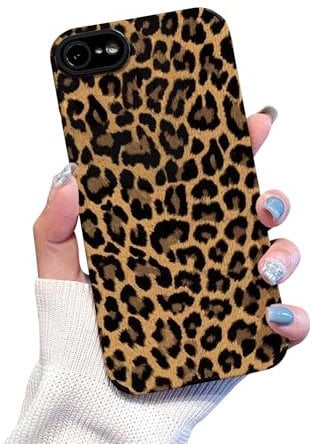 Reownest Compatible avec Coque iPhone 7/8/SE Mignon Mode Marron Leopard Motif Cuir Simple Housse pour Femme Fille Doux Silicone Protection Etui-Noir