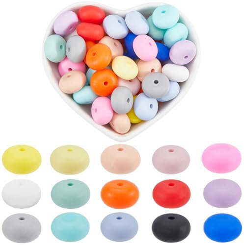 SUNNYCLUE 150Pcs 15 Colors 14mm Lentil Silicone Bead Bulk Abacus Beads Colorful Soft Rubber Saucer Loose Spacer Lanyard Rondelle Focal Pen Bead for Bracelet Jewellery Making DIY Keychain Crafts