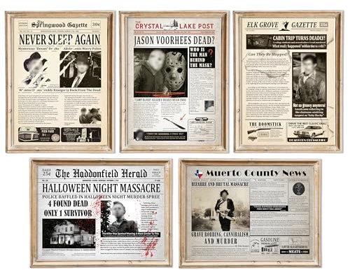 Vintage Movie Horror Posters, Halloween Wall Art Bedroom Decor, Size A3 Scary Newspaper 5 Serial Killers Story Prints, Retro Theater Massacre Poster Gifts Men or Women Room Decoration Party Supplies