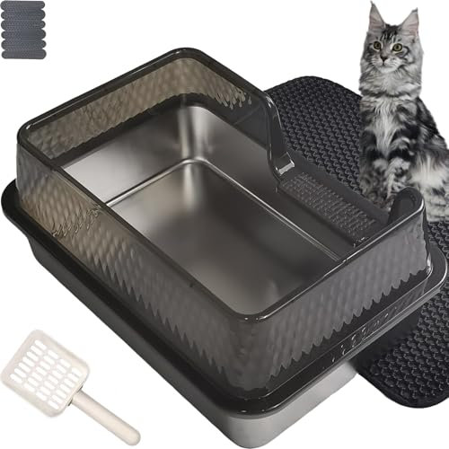 Pawsayes Stainless Steel Cat Litter Box with Lid for All Cats Extra Large Cat Litter Trays with 10cm Anti-Splash High Wall Sided Enclosure Cats Litter Tray (50x35x20cm) (Transparent)