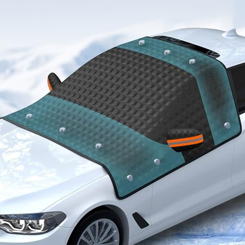 Frontscheibenabdeckung Auto, Windschutzscheibenabdeckung mit 10 Magnet Fixierung, Scheibenabdeckung mit Zwei Spiegelabdeckungen & Reflexionsstreifen für gegen Schnee, Frost, UV-Schutz