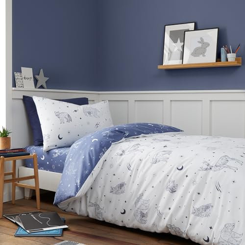 Bianca Brushed Starlight Animals Reversible Cotton Single Duvet Cover Set with Pillowcase White/Blue