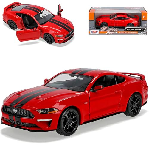 Motormax Ford Mustang VI Coupe Rot mit Streifen in Schwarz Modell Ab 2014 Version ab Facelift 2017-2023 1/24 Modell Auto mit individiuellem Wunschkennzeichen