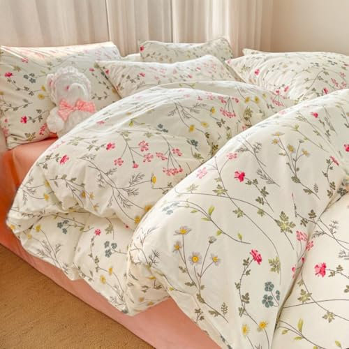 AShanlan Bettwäsche 135x200 Baumwolle Beige Rosa Blumenweise Grün Blätter Bettbezug 2er Set Pink Bunt Klein Blumenmuster Angenehme Deckenbezug und 1 Blümchen Kissenbezug 40x80 cm mit Reißverschluss