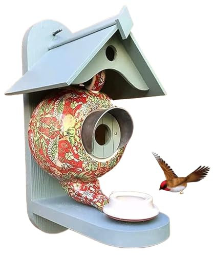 Hanging Bird House and Feeder Decorative Teapot Wooden Ceramic Bird Table Red with Waterproof Roof Outside Natural Garden House Feeder for Hummingbirds, Bluebird