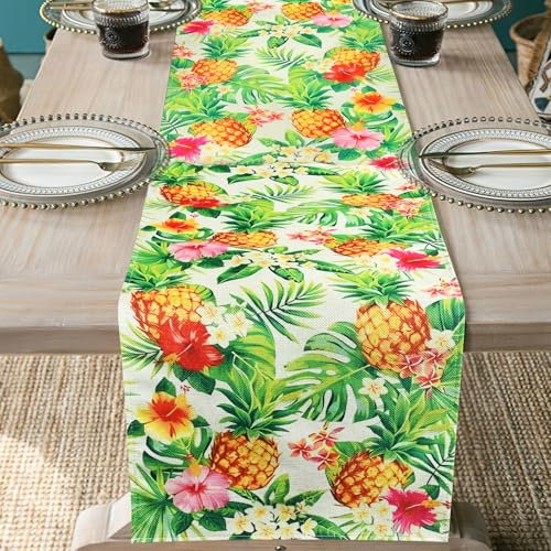 IHLOOTD Tropischer Sommerlicher Tischläufer Dekoration Hawaii mit Ananas und Palmblatt Muster für Pool-Party, Küche, Ferienhaus Deko