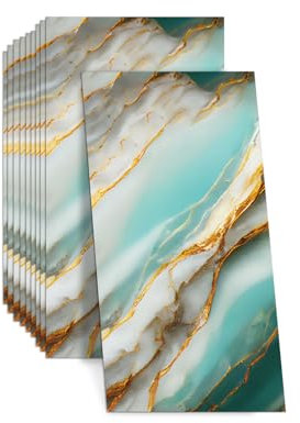 Marble Tile Stickers, 10PCS 60×30cm Kitchen Tiles Self Adhesive, PVC Self Adhesive Bathroom Wall Tiles, Waterproof and Oil-Proof Wall Panels for Kitchen, Bathroom, Bedroom (Green Gold)