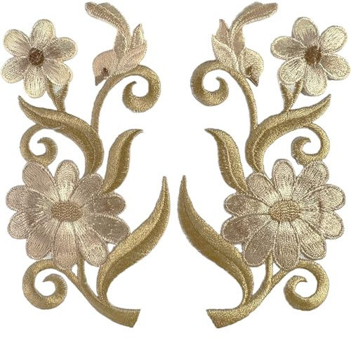 Pair of Khaki Beige Bird Flower Patches Iron Sew On T Shirt Sweater Jeans Jacket