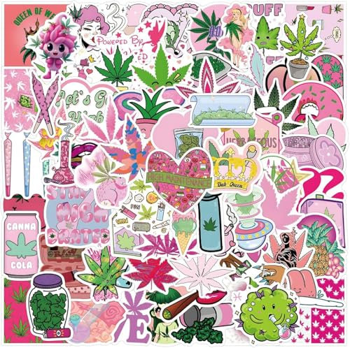 【110Pcs】 Kawaii Cannabis Leaf Stickers for Women - Waterproof Vinyl 420 Decals Set | Reusable Stoner Stickers for Water Bottles, Laptops, Skateboards, Phone Cases | Aesthetic Weed Gift (Pink Design)