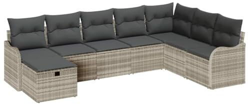 vidaXL Garten-Sofa-Set mit Kissen 8 pcs Hellgrau Poly Rattan, Garten Sofa Set, modernes modulares Wohnzimmer, leicht, strapazierfähig, UV-beständig, mit Stauraum, Loungemöbel
