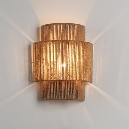 Aplique de Pared de Cuerda de Yute Natural – Estilo Bohemio Hecho a Mano con Luz Decorativa en Tres Niveles, Casquillo E27, Ideal para Salón o Pasillo de Estilo Rústico Moderno
